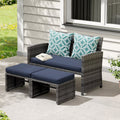 Grey Wicker Outdoor Loveseat with Ottoman and Pillows R6484