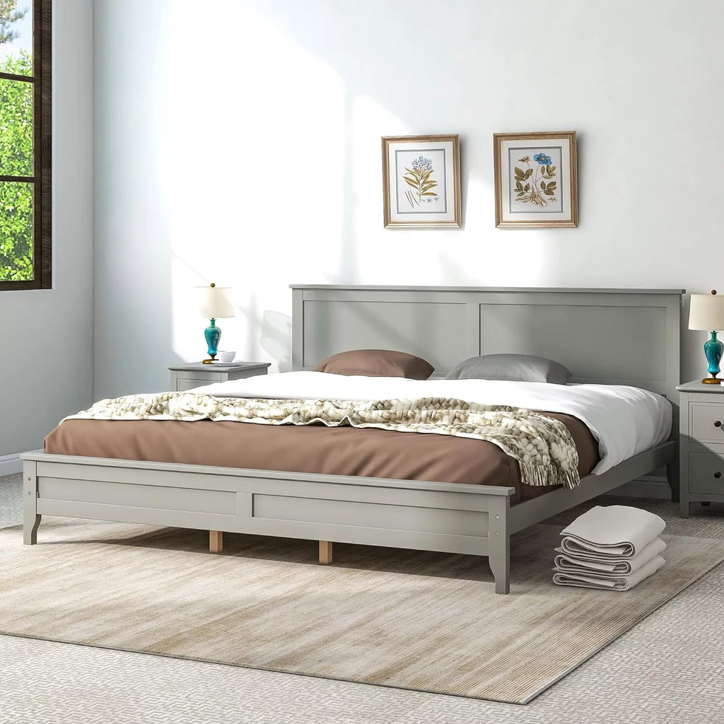 Gray Solid Wood Platform Bed Frame with Headboard H4129