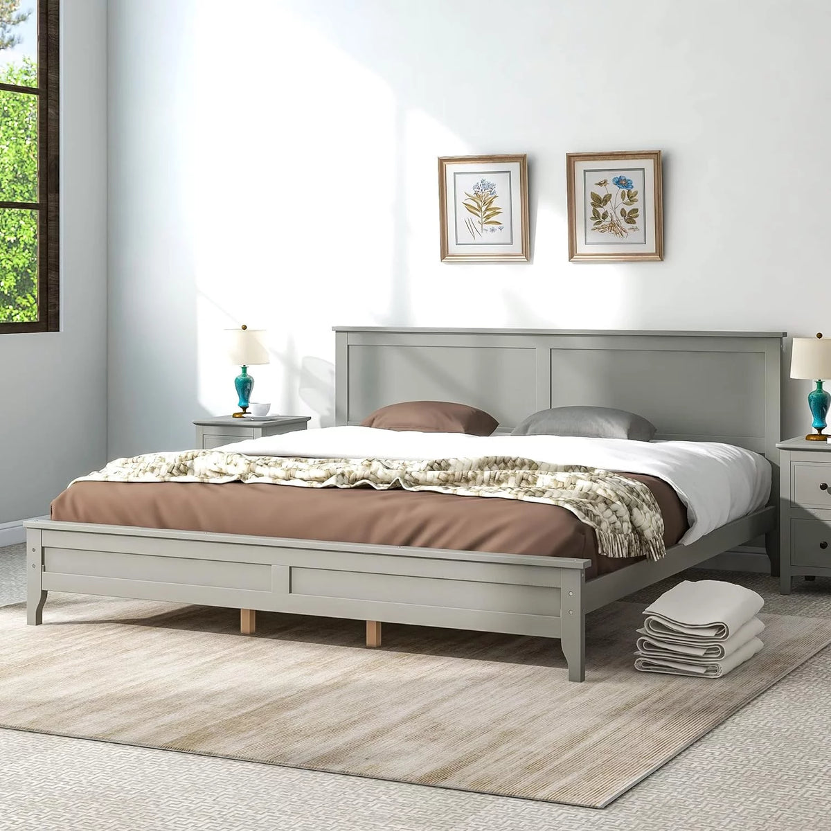Gray Solid Wood Platform Bed Frame with Headboard H4129