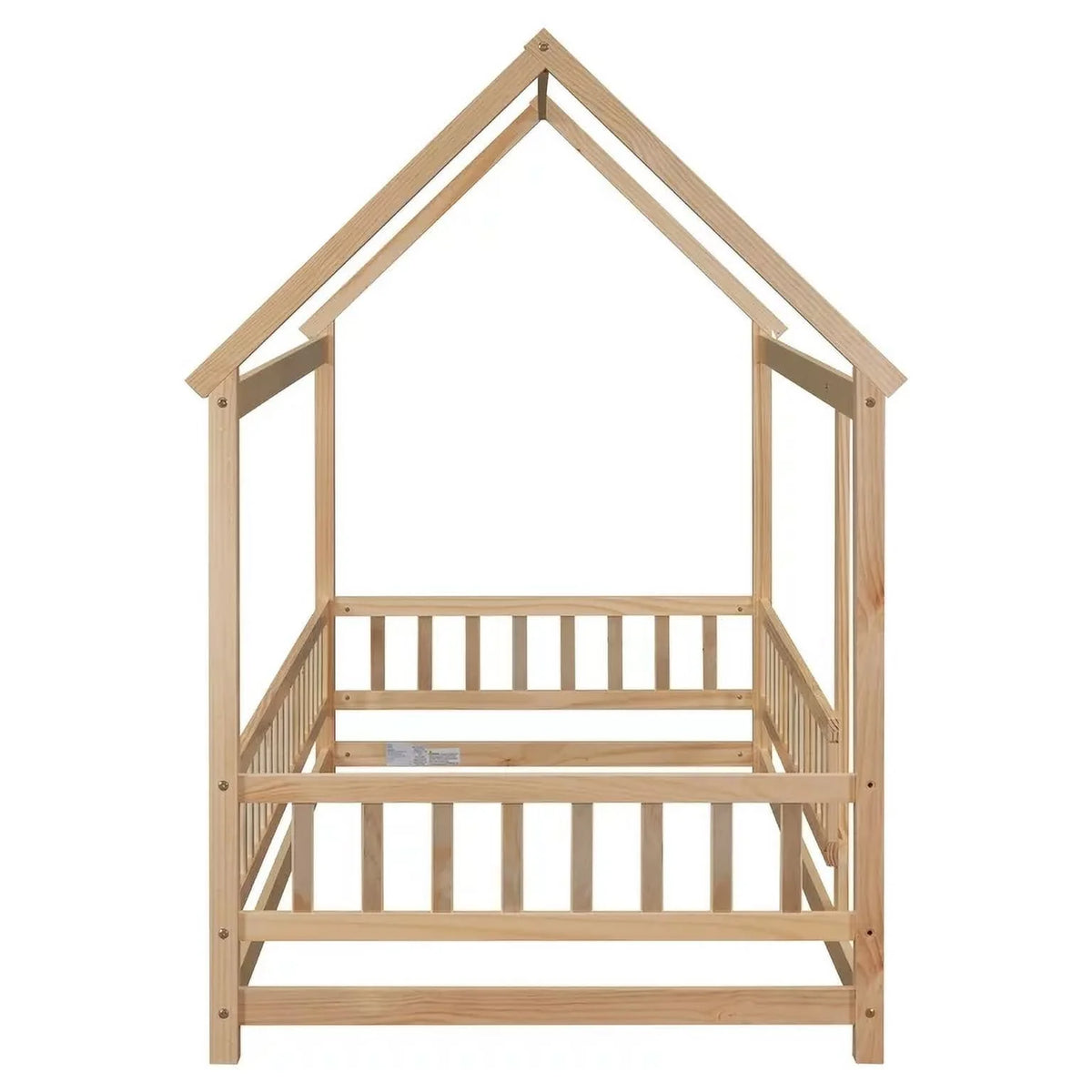 Twin Size Wood House Floor Bed with Fence Guardrails R7978