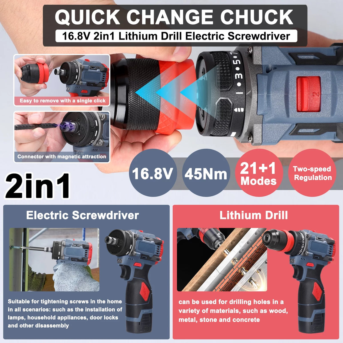 Electric Drill Screwdriver 45Nm Torque 16.8V Lithium R942