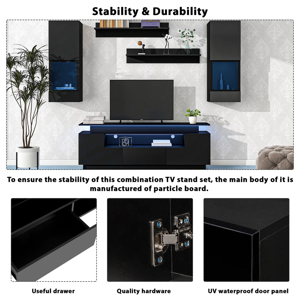 Black High Gloss Wall Mounted Floating TV Stand Set S190817