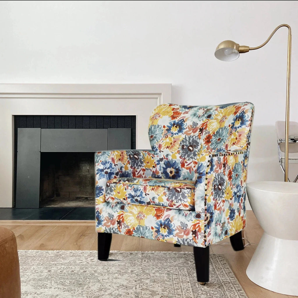 Blue Yellow Brown Floral Polyester Blend Arm Chair G606703