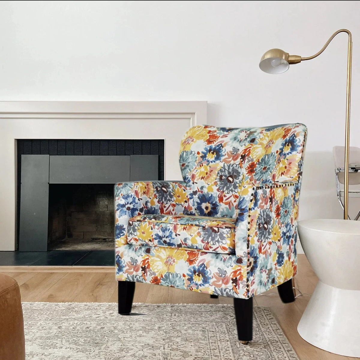 Blue Yellow Brown Floral Polyester Blend Arm Chair G606703