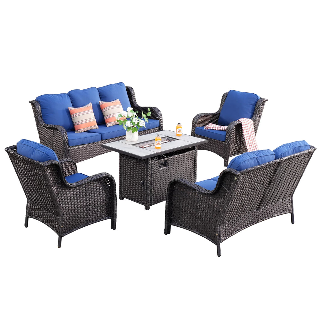 5 Pieces Wicker Patio Sectional Sofa with Fire Pit Table I57650