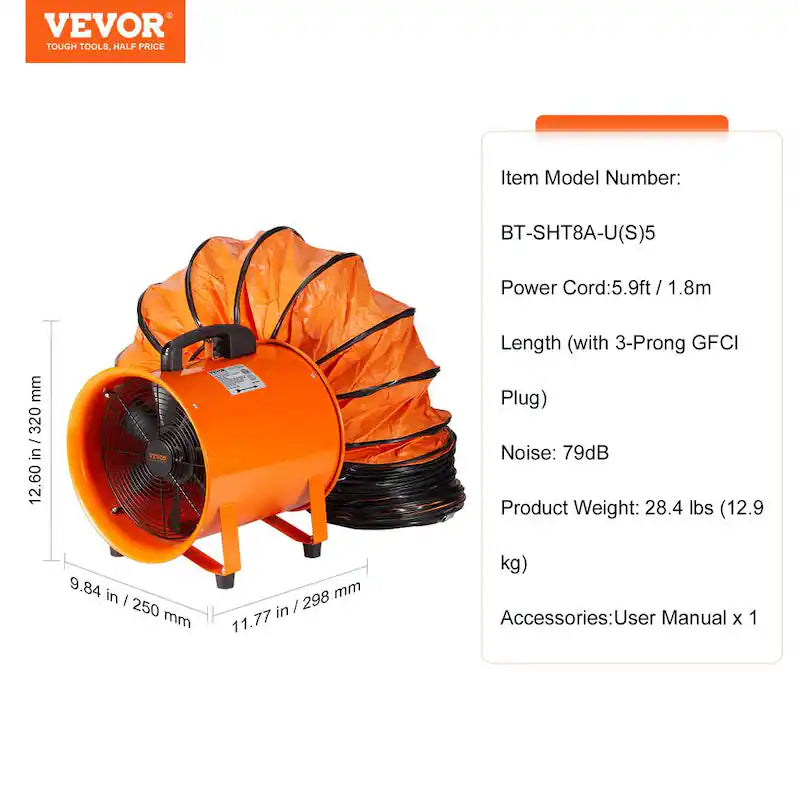 Portable 8 in. Heavy Duty Blower Fan with Duct Hose 195W 1070CFM O55035