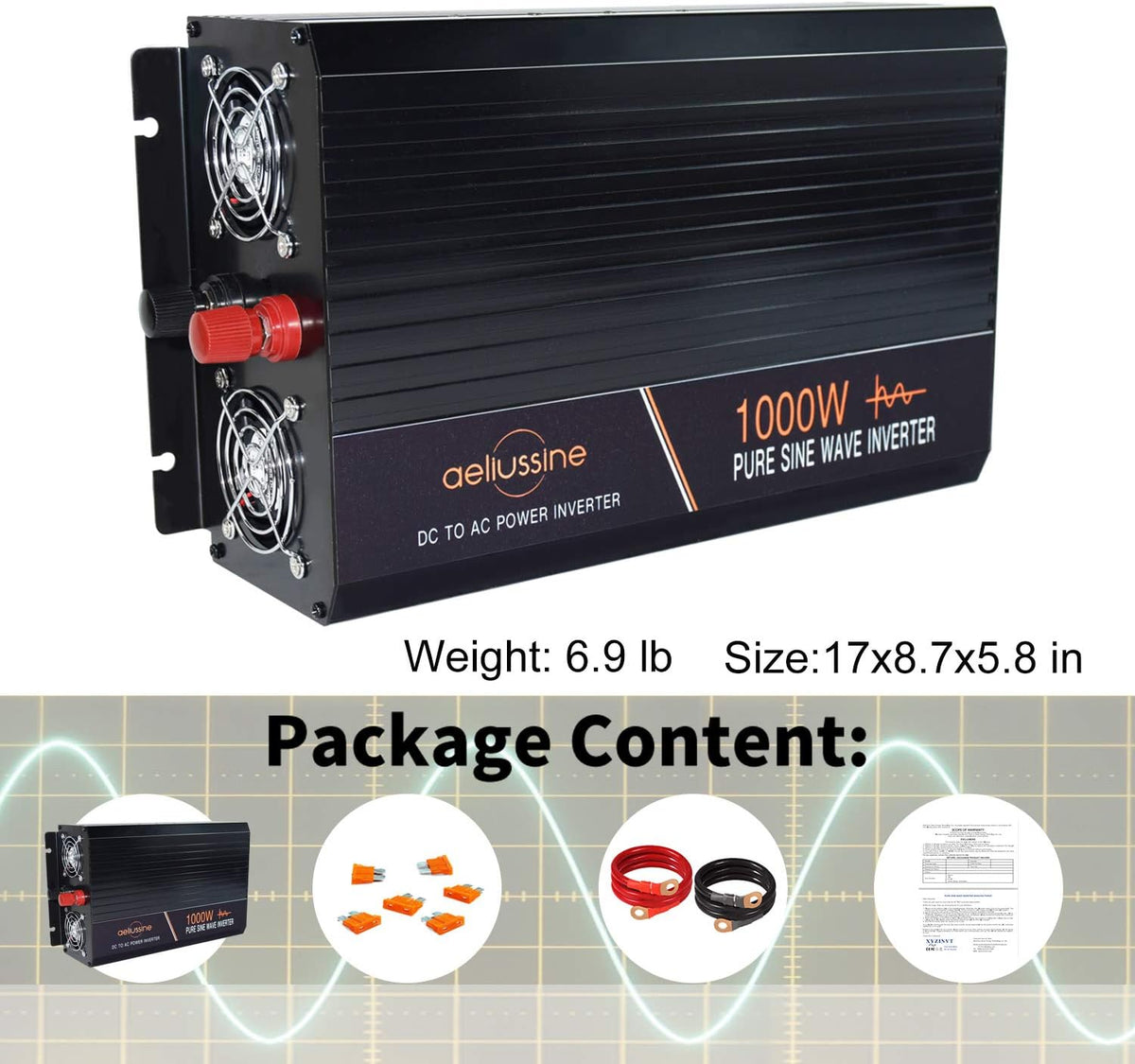 1000 Watt Pure Sine Wave Power Inverter 24V DC to AC 120V with LCD Display Remote Switch G94765
