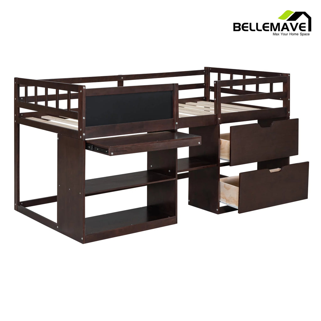 Twin Size Loft Bed with Rolling Desk, Storage Shelves and Chalkboard B3178