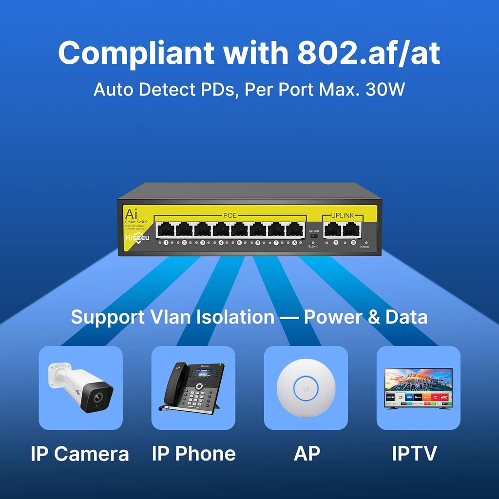 8 Port PoE Switch with 2 Ethernet Uplink Ports, 120 W, Metal Case W28223