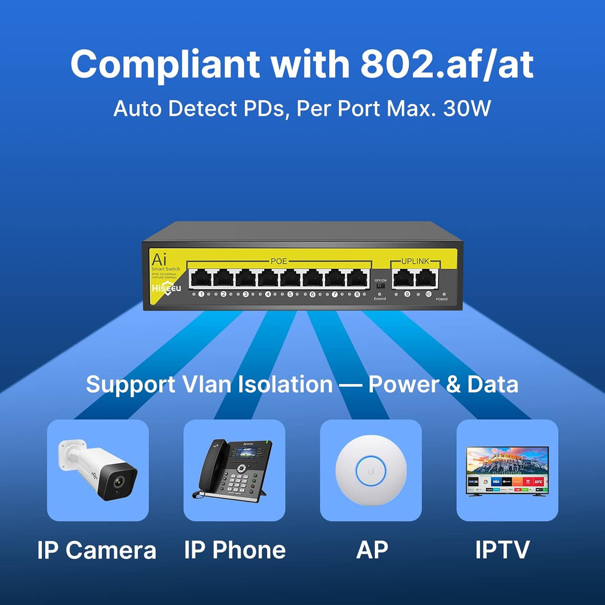 8 Port PoE Switch with 2 Ethernet Uplink Ports, 120 W, Metal Case W28223