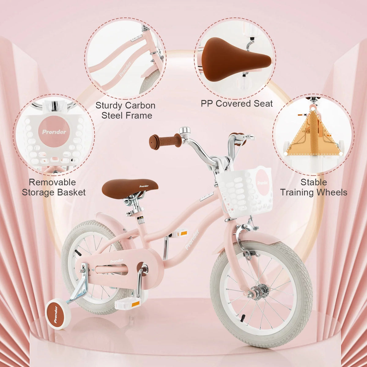14'' Kids Bike with Training Wheels & Basket Pink Z297