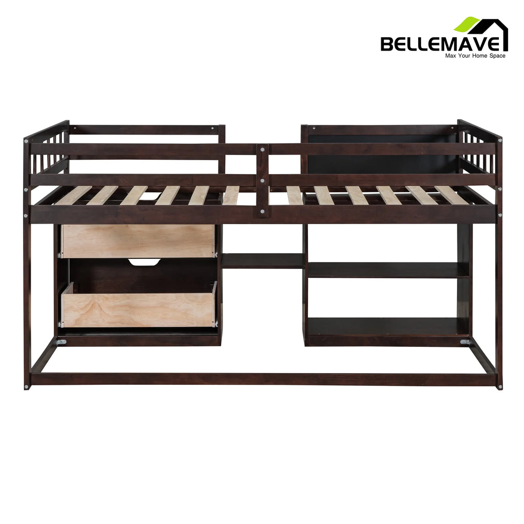 Twin Size Loft Bed with Rolling Desk, Storage Shelves and Chalkboard B3178