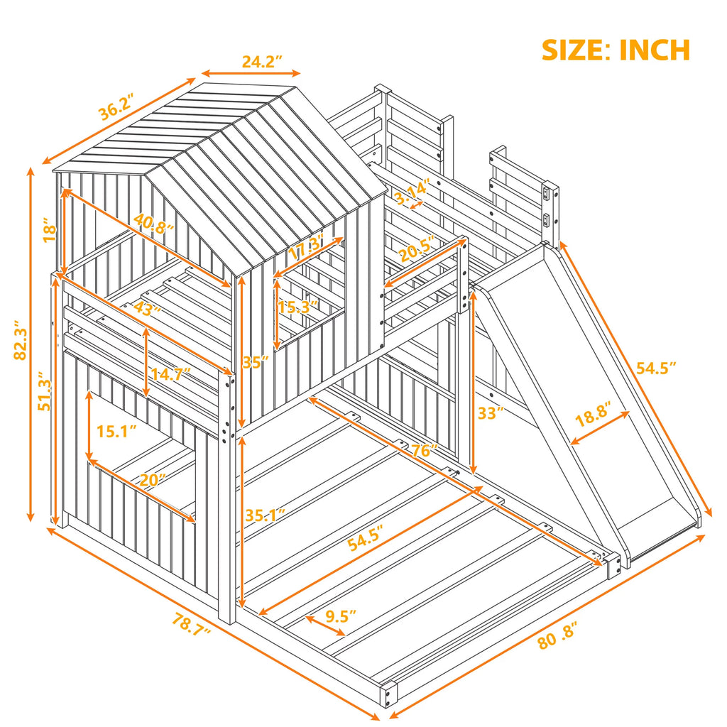 White Wooden Twin Over Full Bunk Bed with Ladder, Slide and Guardrails A17617