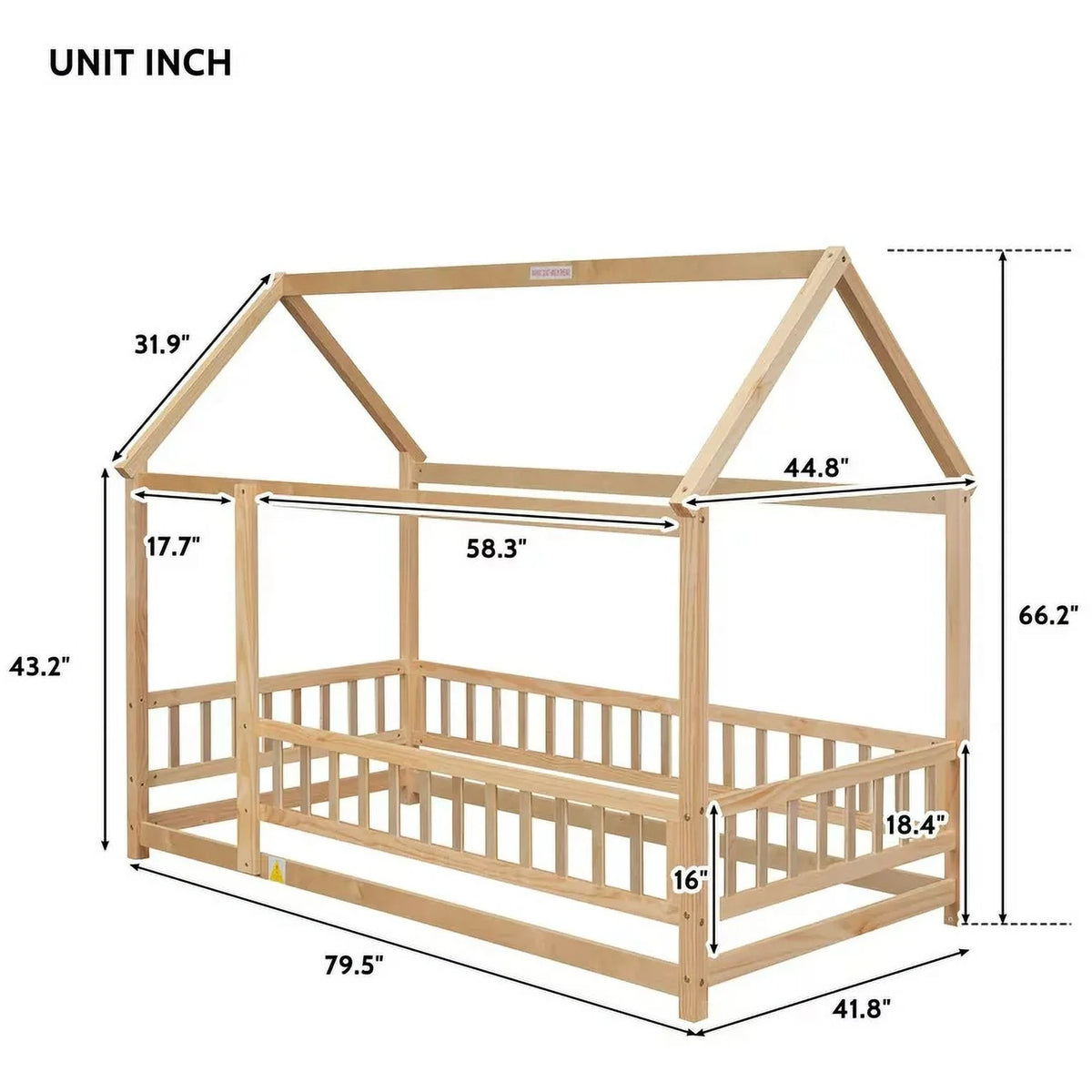 Twin Size Wood House Floor Bed with Fence Guardrails R7978