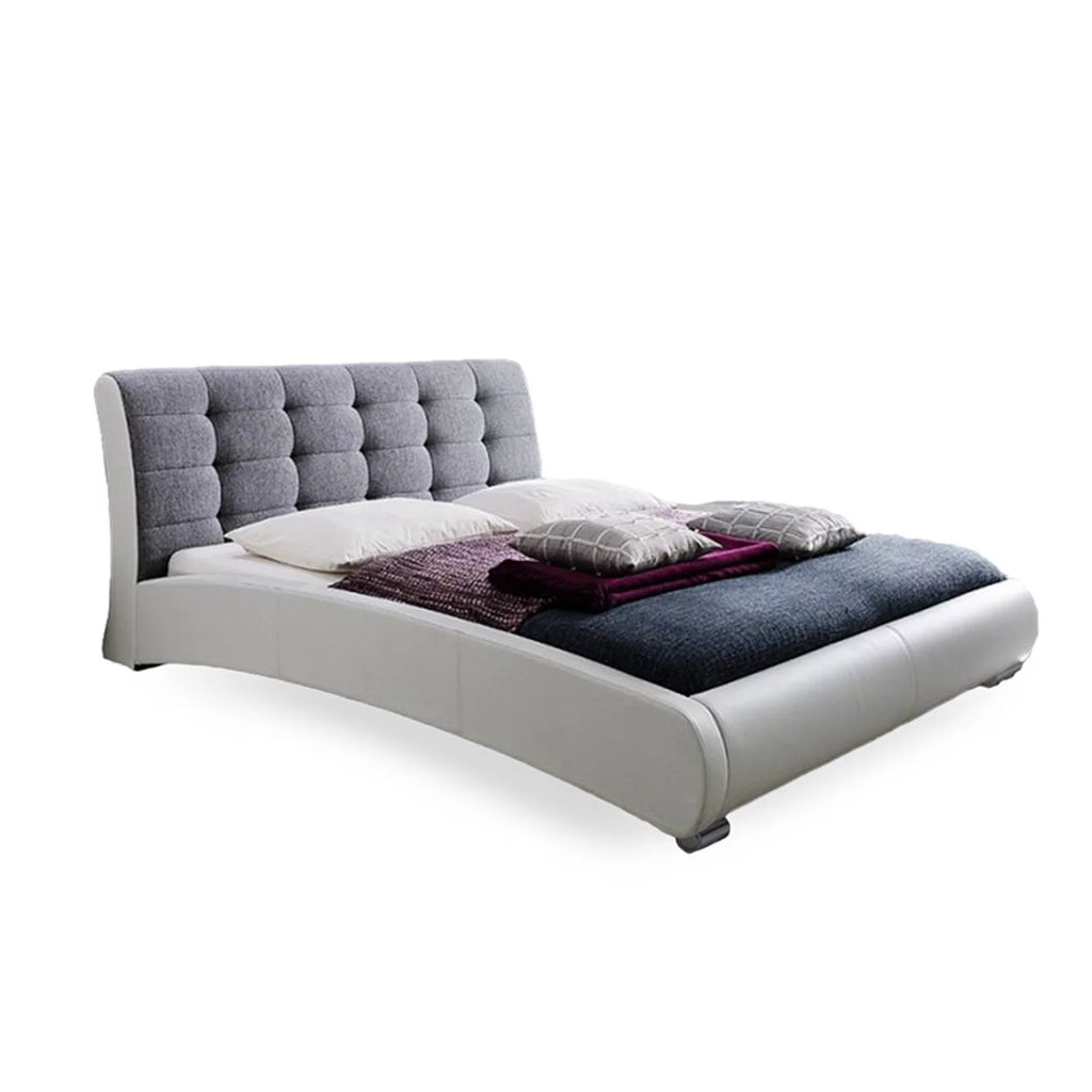 White Faux Leather Grey Fabric Tufted Platform Bed H659