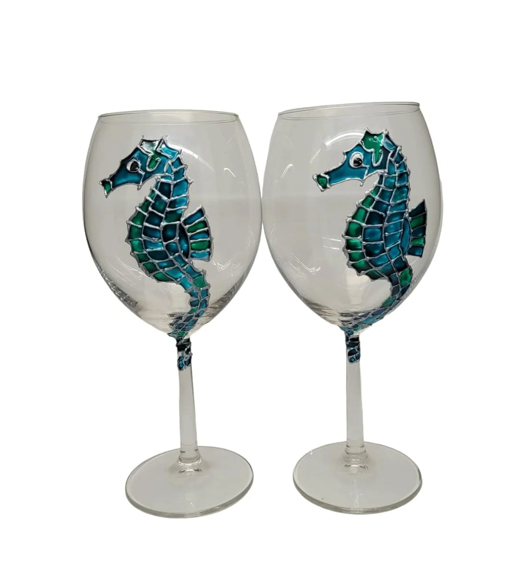 Blue Green Hand Painted Wine Glasses Set Of 2 C568921