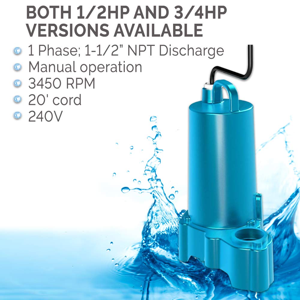 Submersible Effluent Pump, 1/2 hp, 240V, 1 Phase, 20' Cord B9943