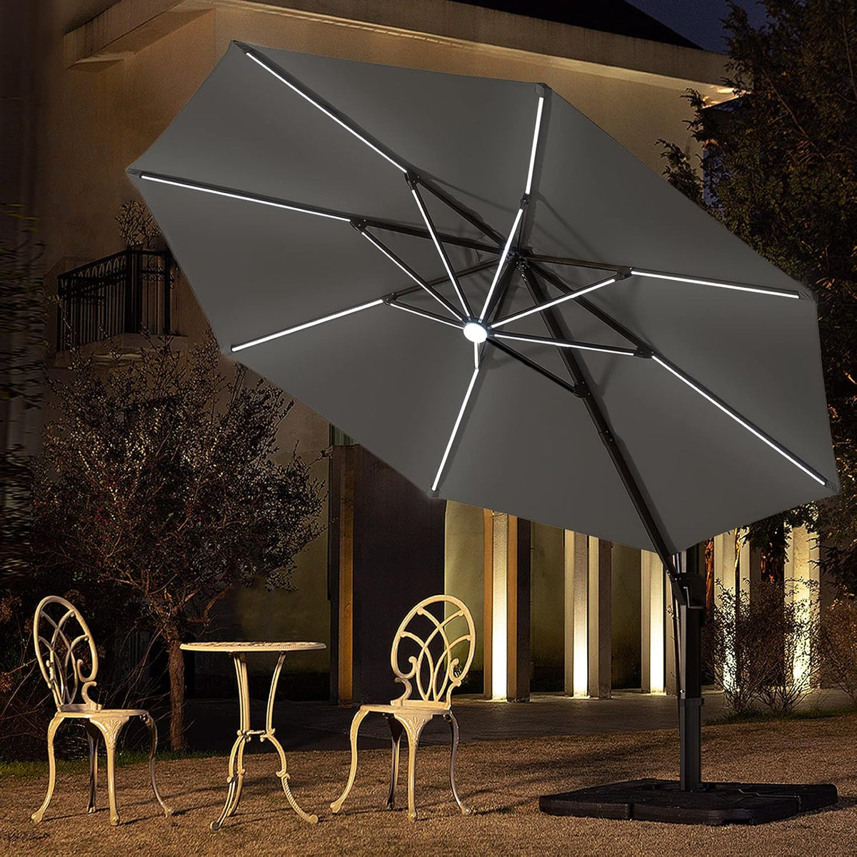Beige 10 FT Solar Offset Patio Umbrella with LED Lights I14807