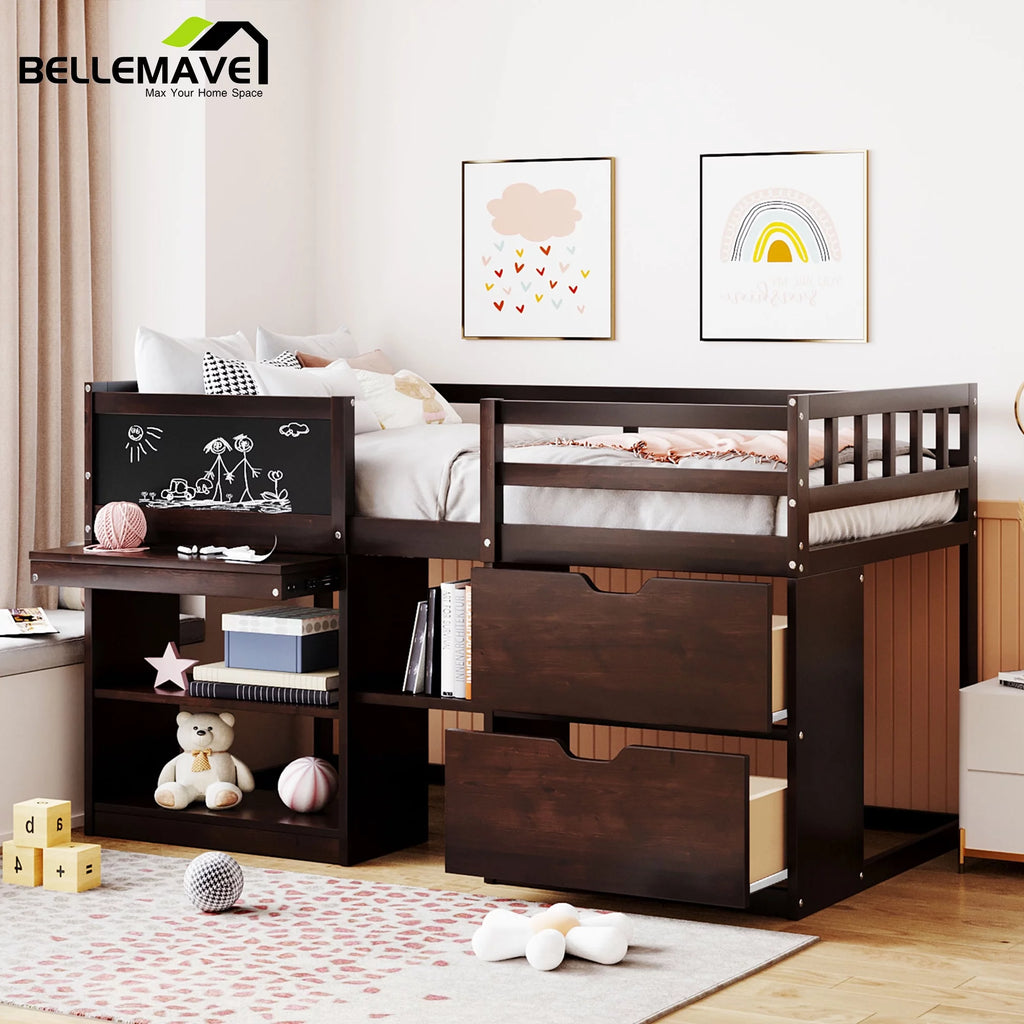 Twin Size Loft Bed with Rolling Desk, Storage Shelves and Chalkboard B3178
