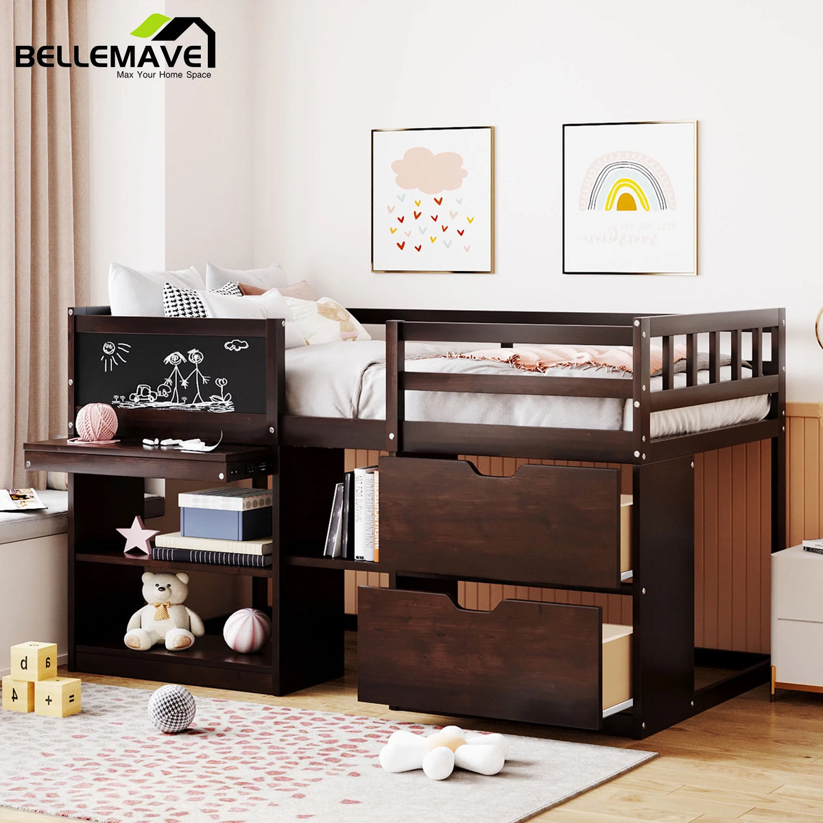 Twin Size Loft Bed with Rolling Desk, Storage Shelves and Chalkboard B3178