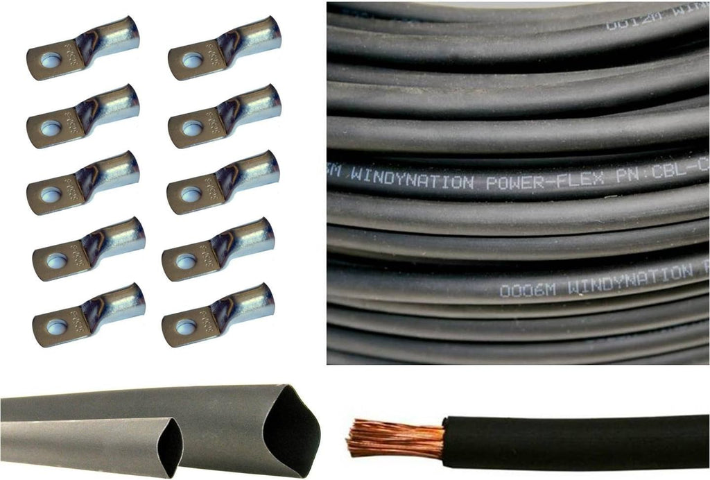 6 Gauge 25 Feet Red + 25 Feet Black Pure Copper Flexible Cable + 10pcs 3/8 Tinned Copper Cable Lug Terminal Connectors + 3 Feet Black Heat Shrink Tubing W56827