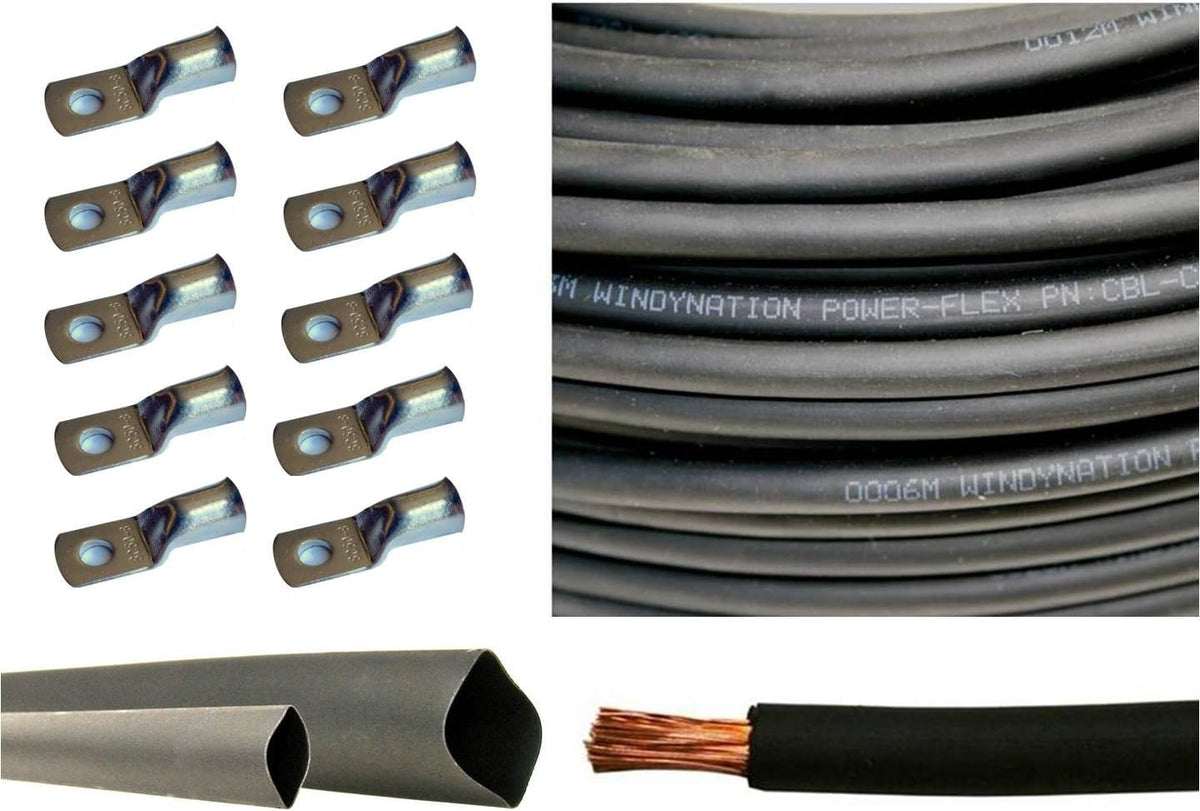 6 Gauge 25 Feet Red + 25 Feet Black Pure Copper Flexible Cable + 10pcs 3/8 Tinned Copper Cable Lug Terminal Connectors + 3 Feet Black Heat Shrink Tubing W56827
