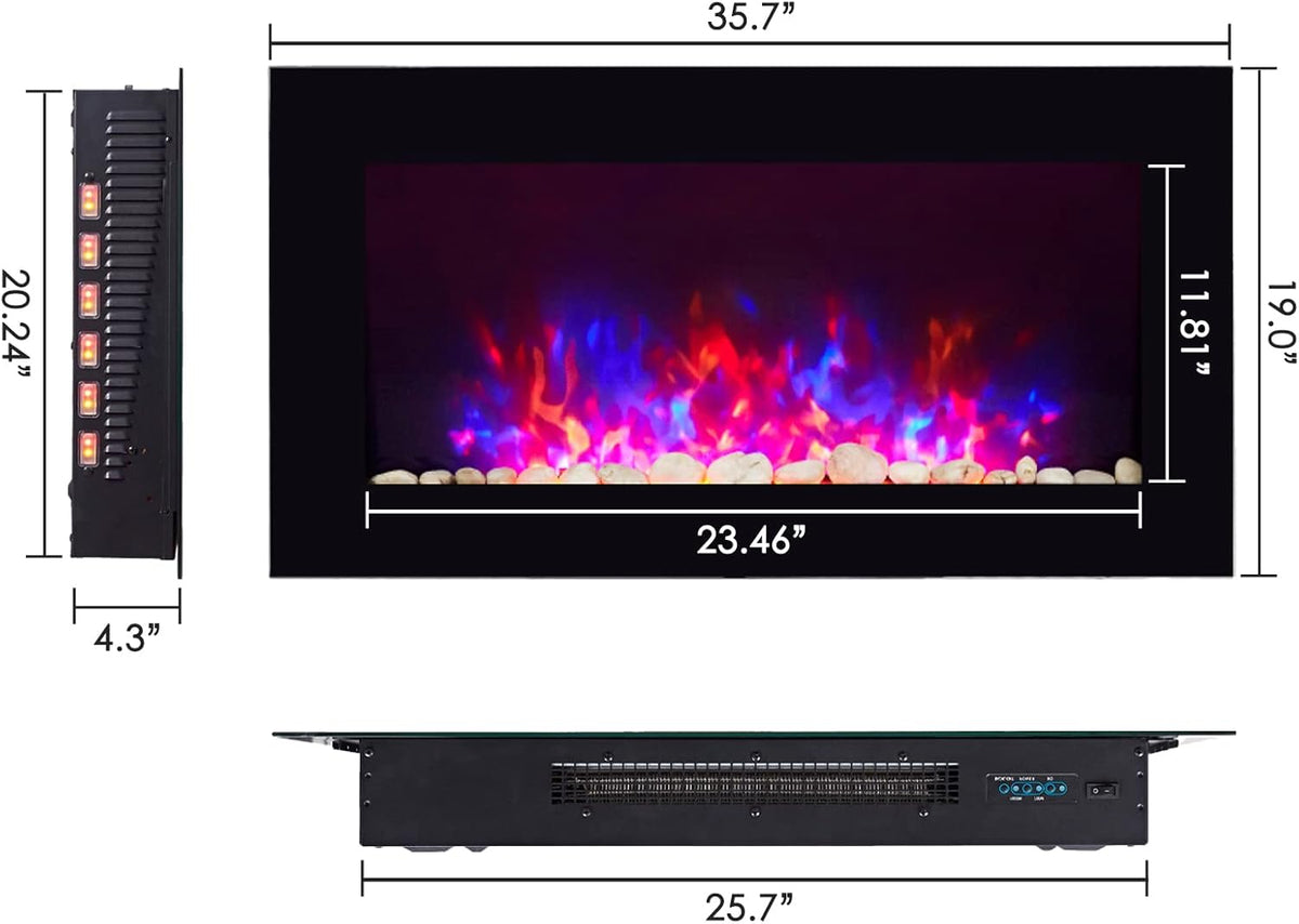 Black 36 Inch Wall-Mounted Electric Fireplace with Remote Control I1625