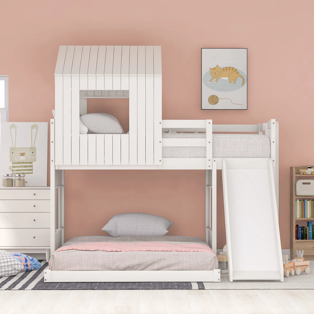 White Wooden Twin Over Full Bunk Bed with Ladder, Slide and Guardrails A17617
