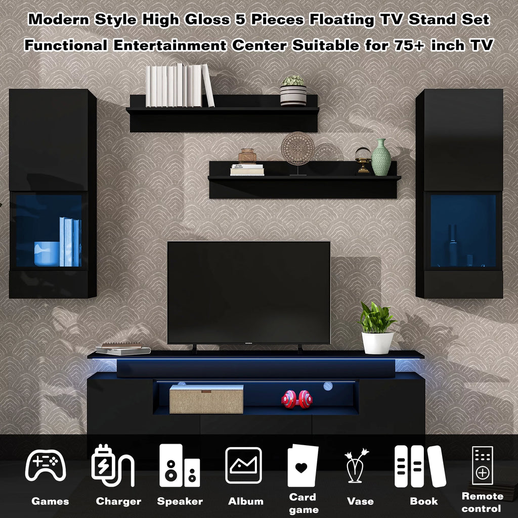Black High Gloss Wall Mounted Floating TV Stand Set S190817