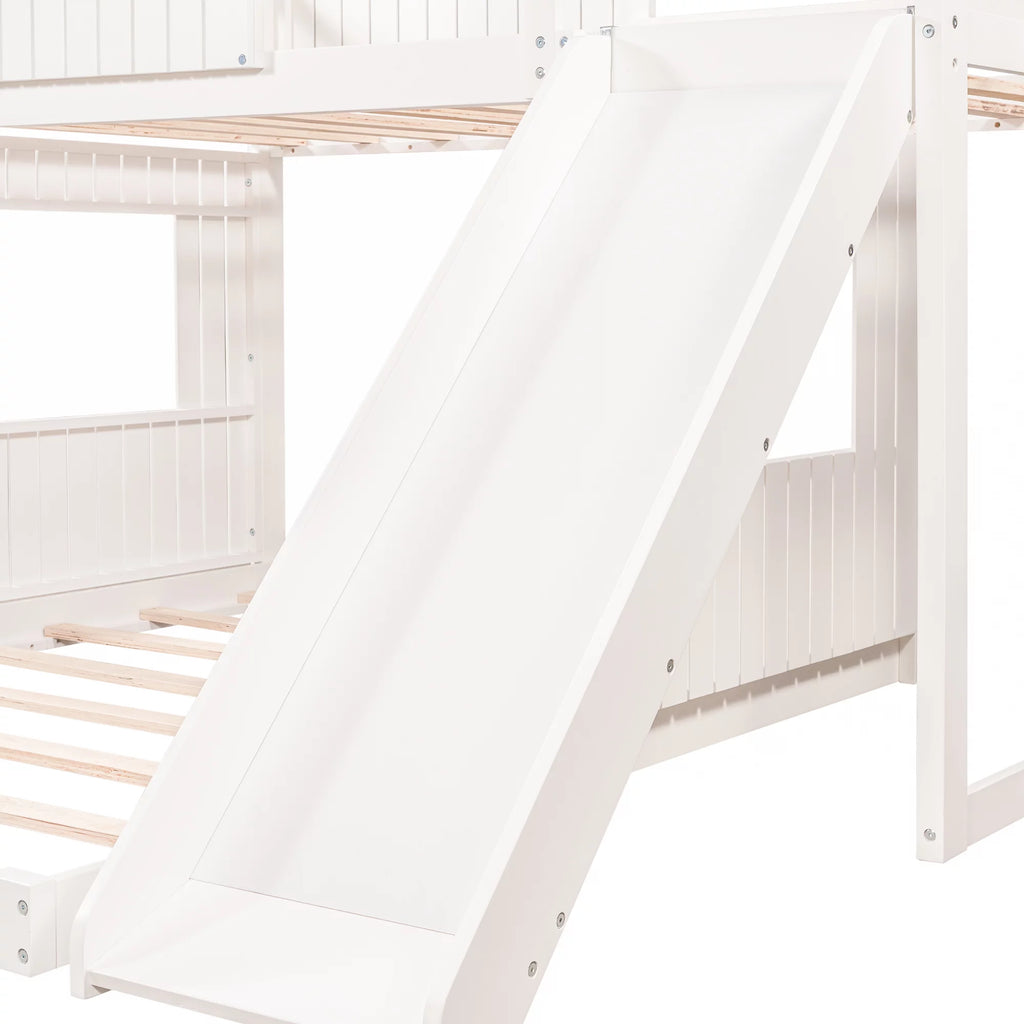 White Wooden Twin Over Full Bunk Bed with Ladder, Slide and Guardrails A17617