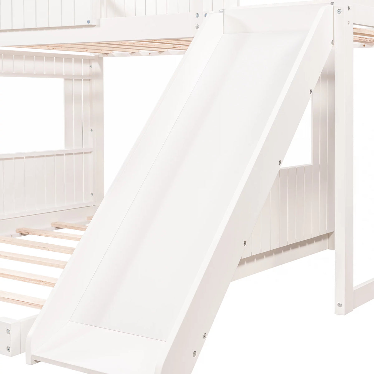 White Wooden Twin Over Full Bunk Bed with Ladder, Slide and Guardrails A17617