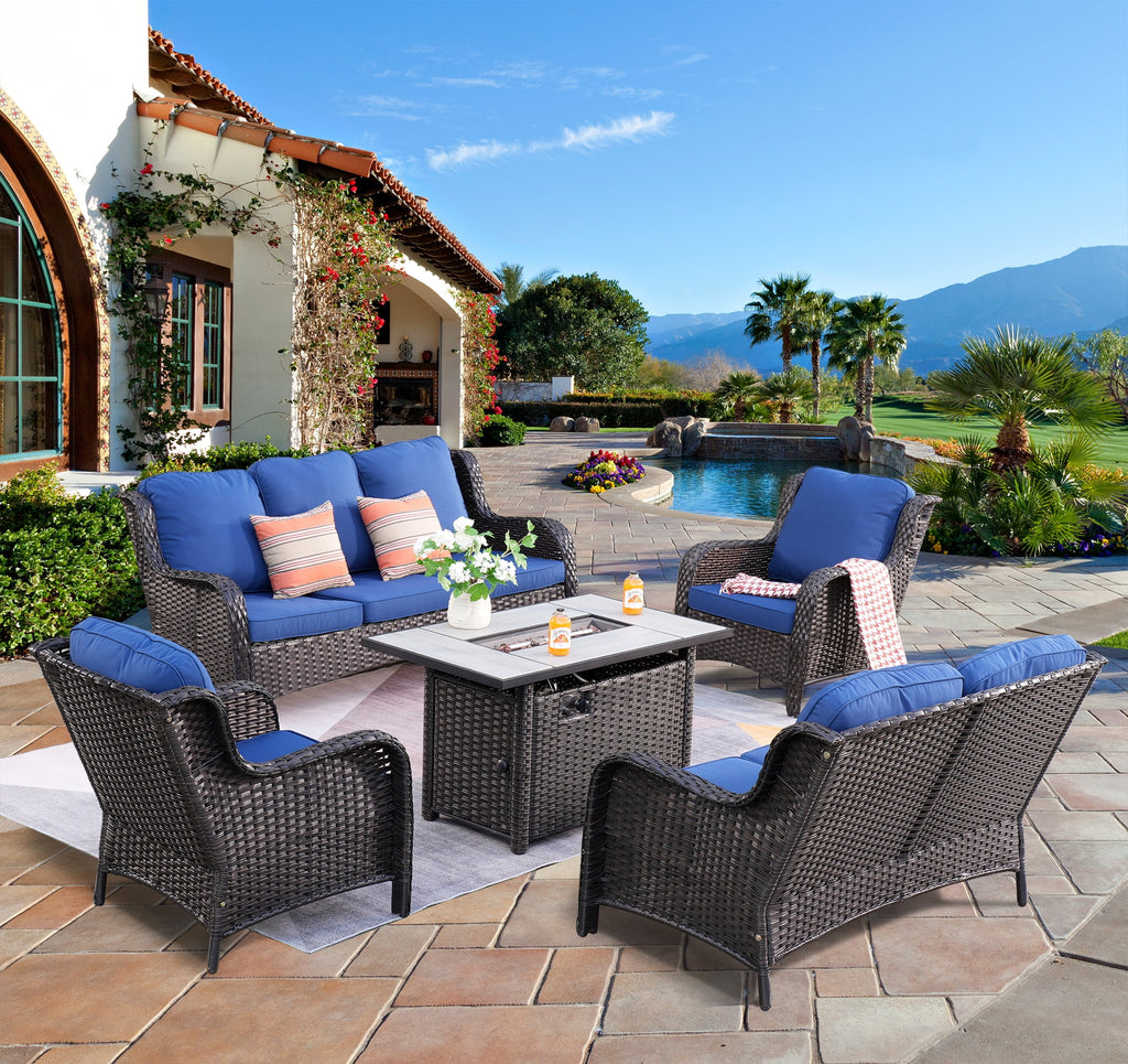 5 Pieces Wicker Patio Sectional Sofa with Fire Pit Table I57650