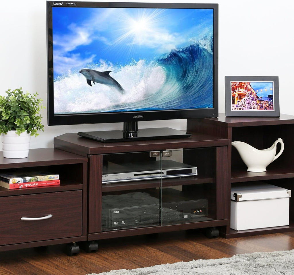 3-Tier TV Stand with Glass Doors and Casters, Espresso A637993
