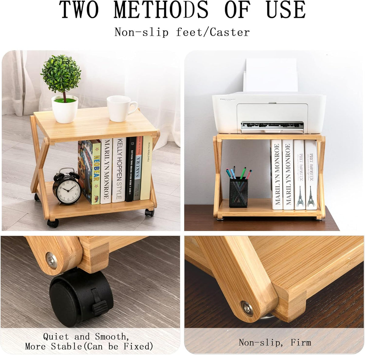 Bamboo 3-Tier Rolling Printer Cart with Storage T2487