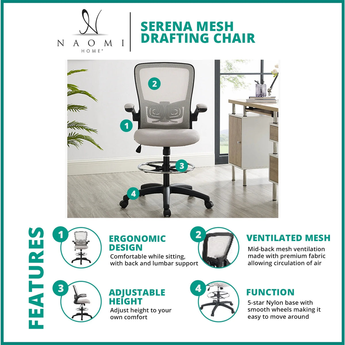 White Ergonomic Mesh Drafting Chair with Foot Ring Q689423