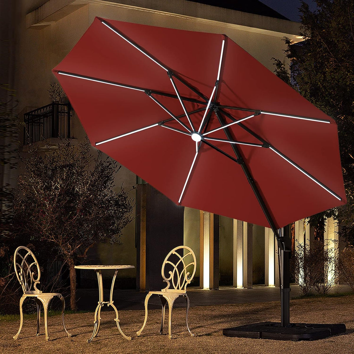 Beige 10 FT Solar Offset Patio Umbrella with LED Lights I14807
