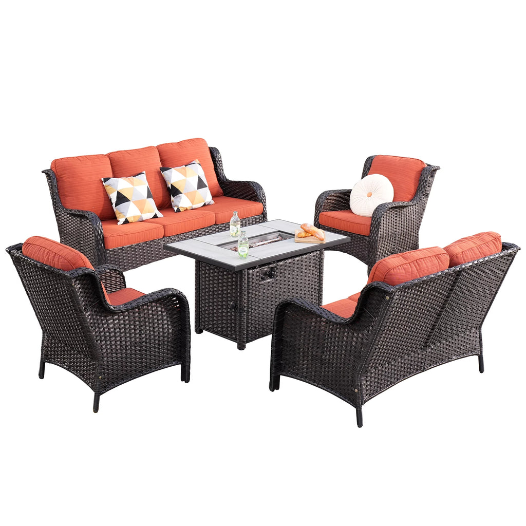 5 Pieces Wicker Patio Sectional Sofa with Fire Pit Table I57650