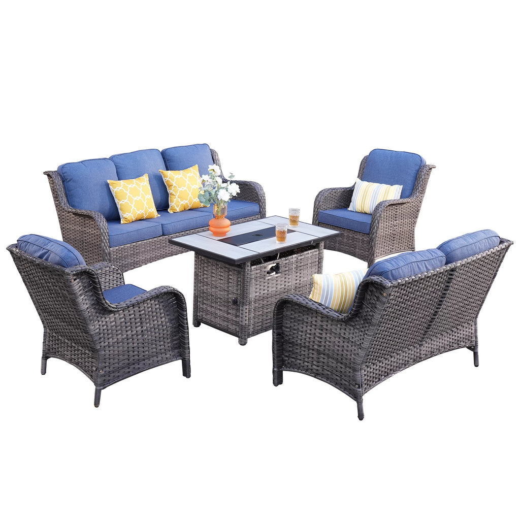 5 Pieces Wicker Patio Sectional Sofa with Fire Pit Table I57650