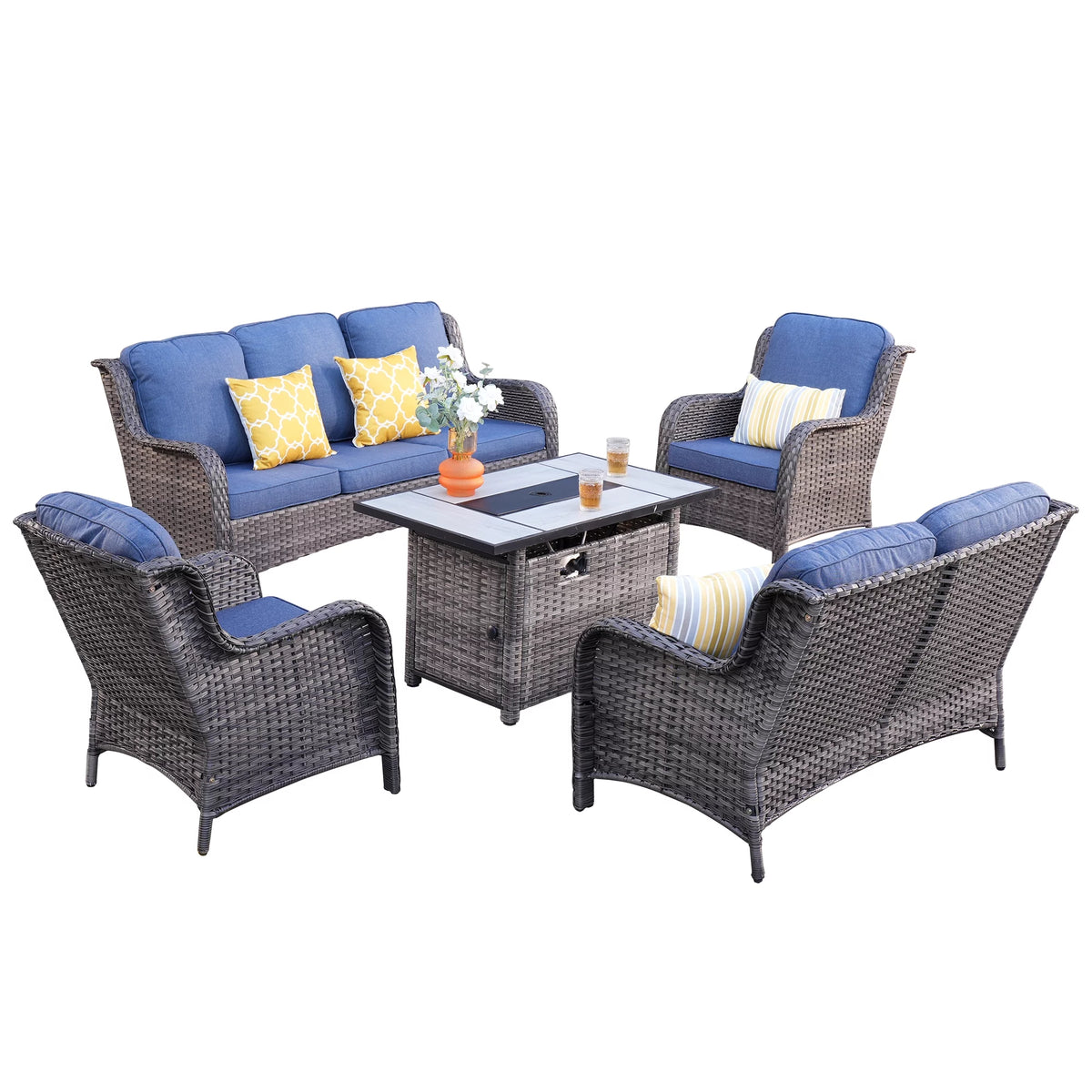 5 Pieces Wicker Patio Sectional Sofa with Fire Pit Table I57650
