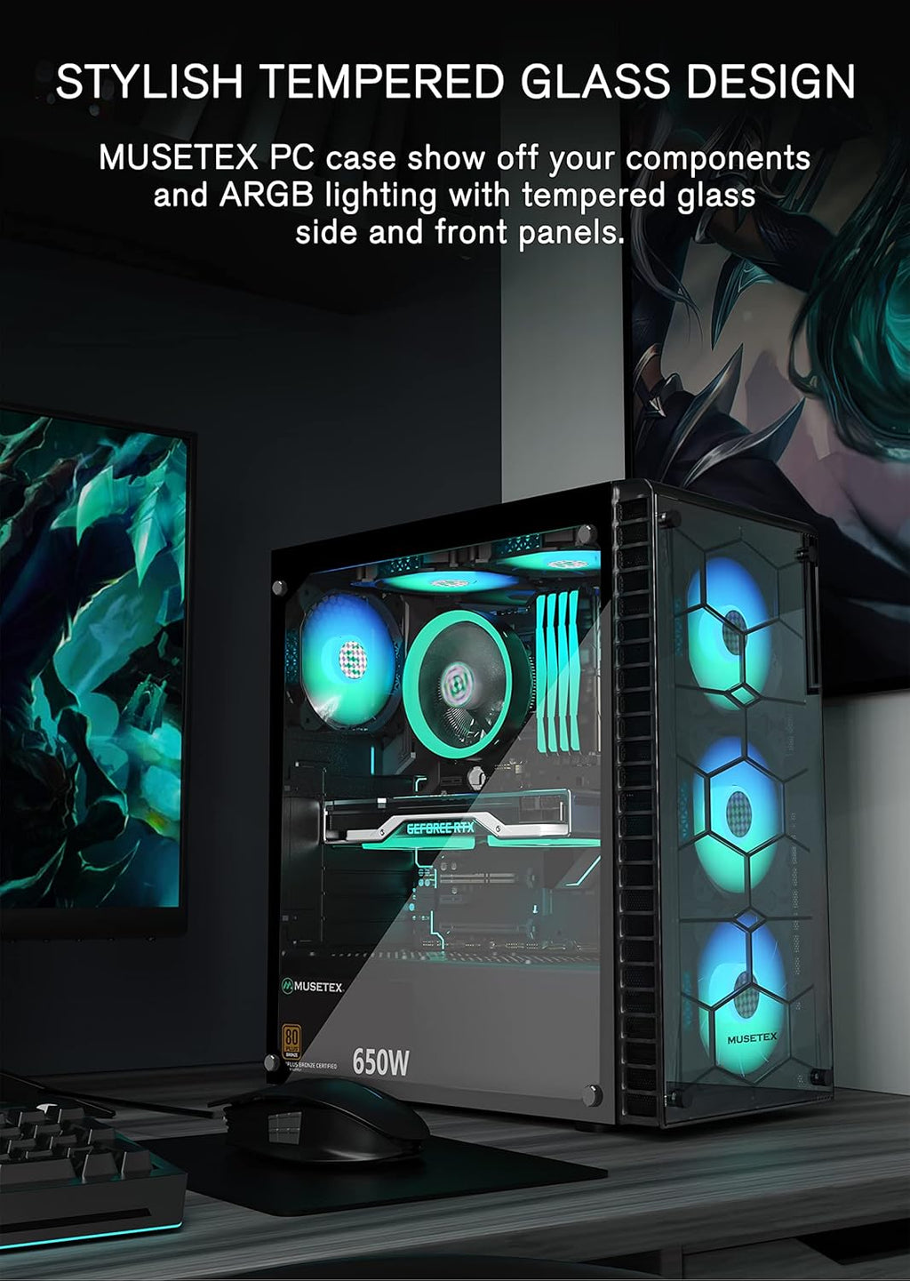 ATX Mid-Tower PC Case with 6 Pcs 120mm ARGB Fans, Tempered Glass, USB 3.0 H770556