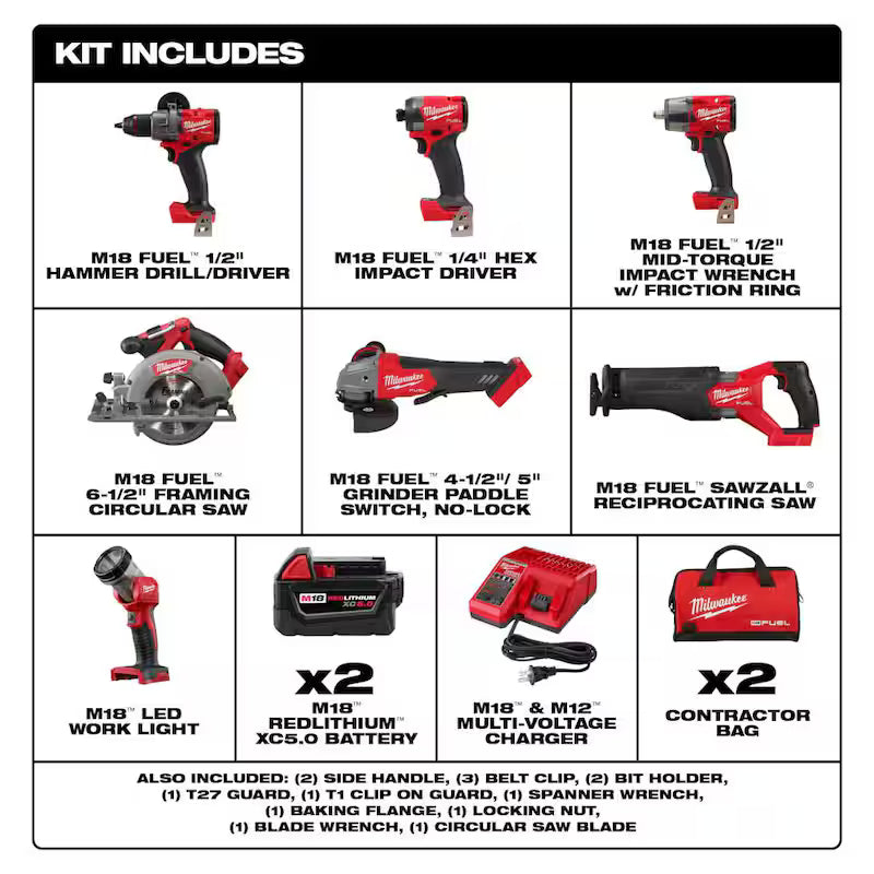 18V Lithium-Ion Brushless Cordless Combo Kit with Two 5.0 Ah Batteries (7-Tool) D181
