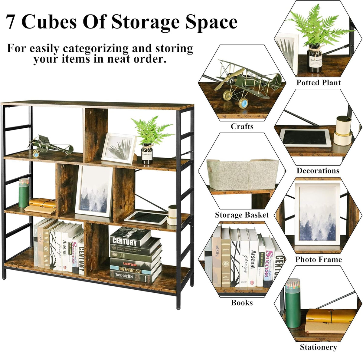 Rustic Brown 3-Tier Bookcase with Open Storage Shelves E630