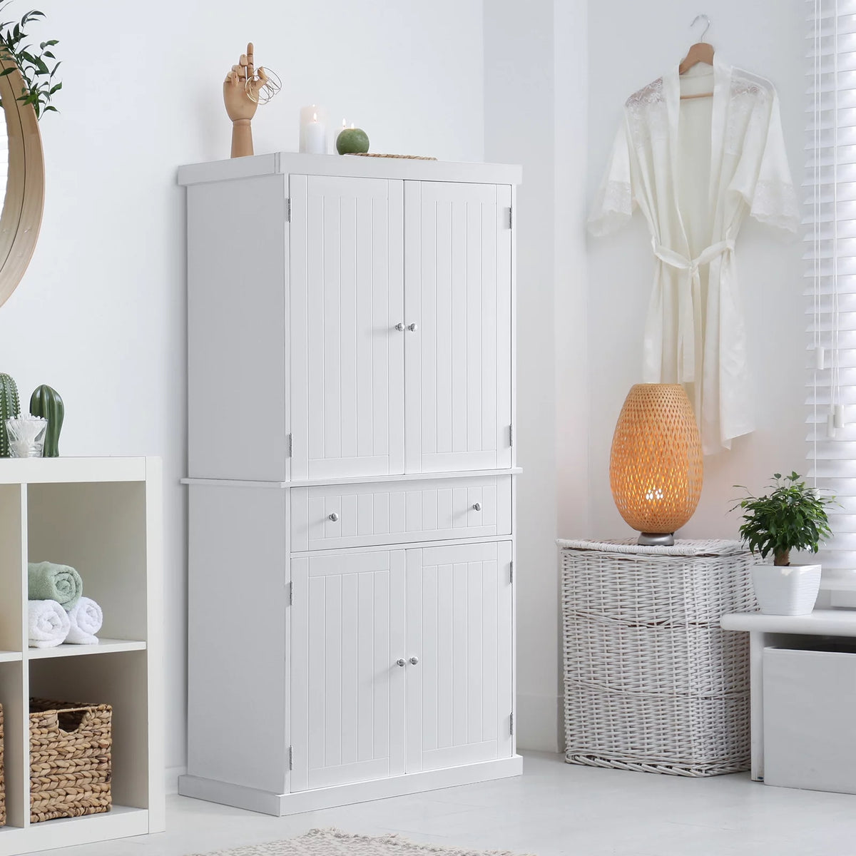 White Tall Freestanding Kitchen Pantry Cabinet with Doors and Adjustable Shelves J4418