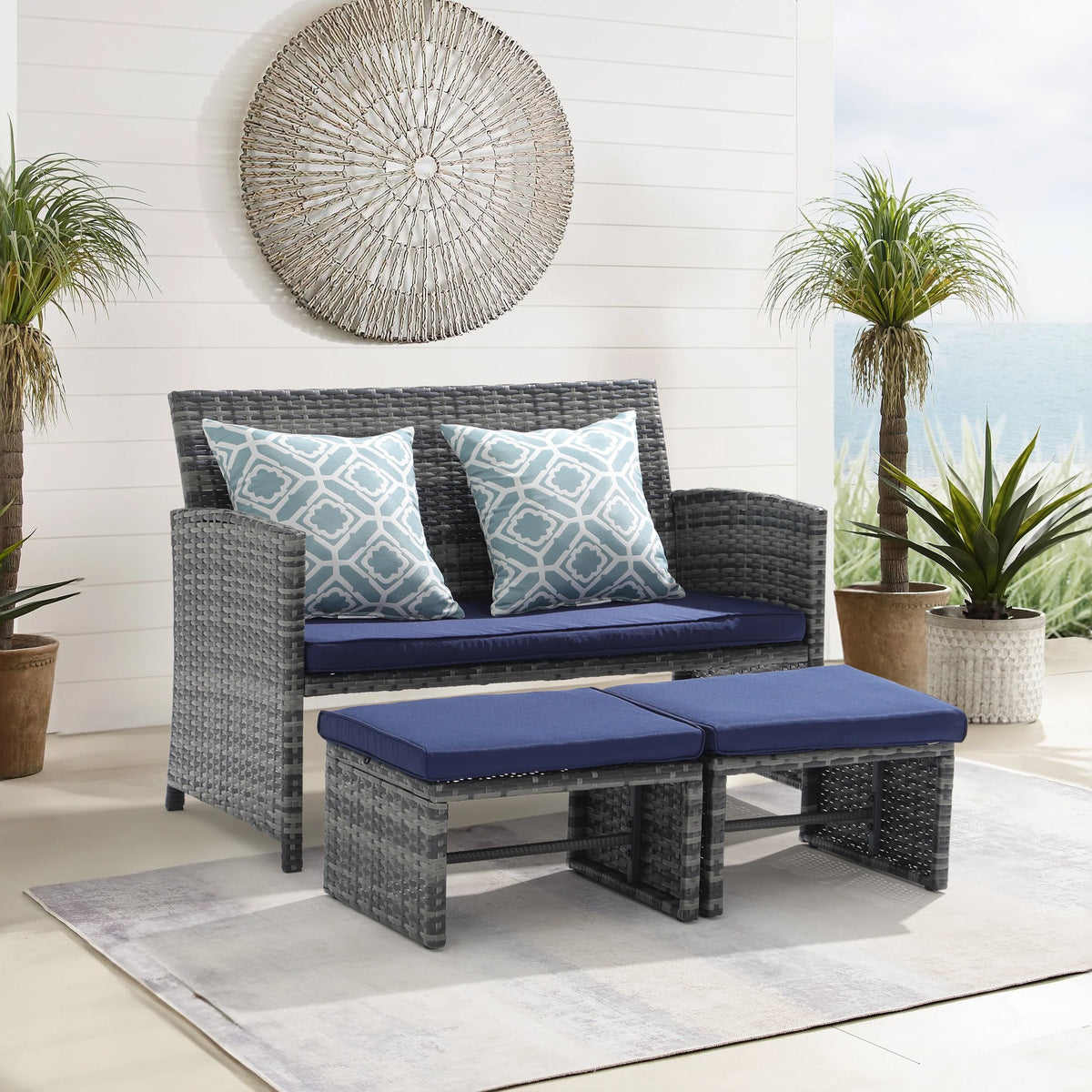 Grey Wicker Outdoor Loveseat with Ottoman and Pillows R6484