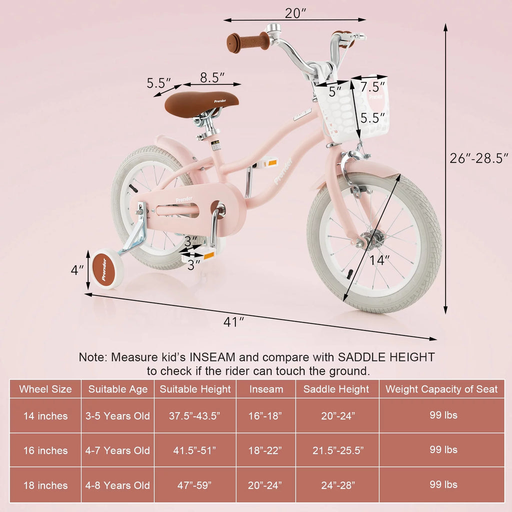 14'' Kids Bike with Training Wheels & Basket Pink Z297
