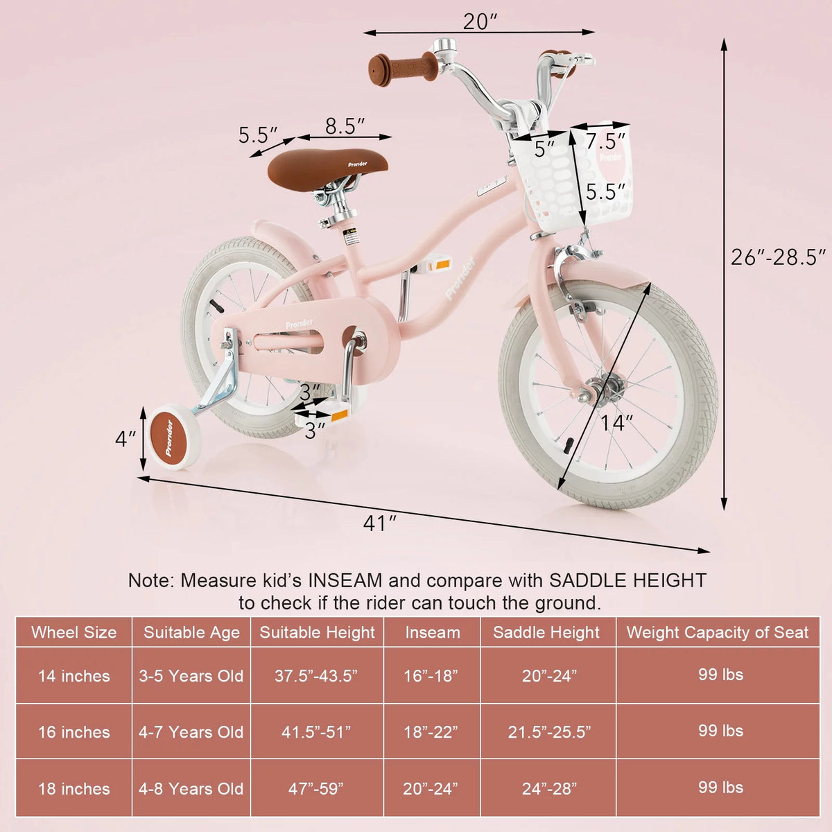 14'' Kids Bike with Training Wheels & Basket Pink Z297
