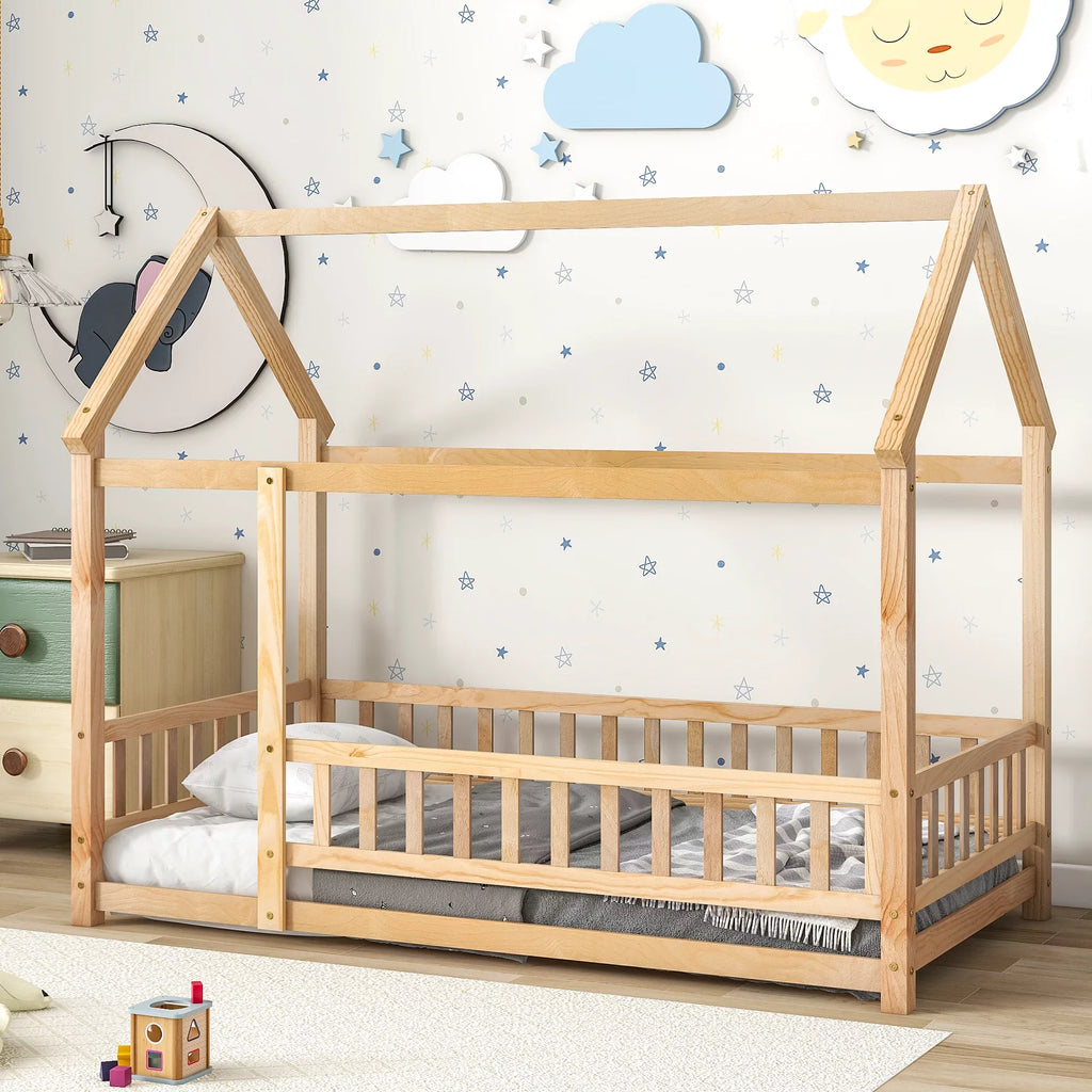 Twin Size Wood House Floor Bed with Fence Guardrails R7978