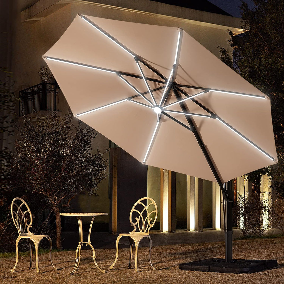 Beige 10 FT Solar Offset Patio Umbrella with LED Lights I14807