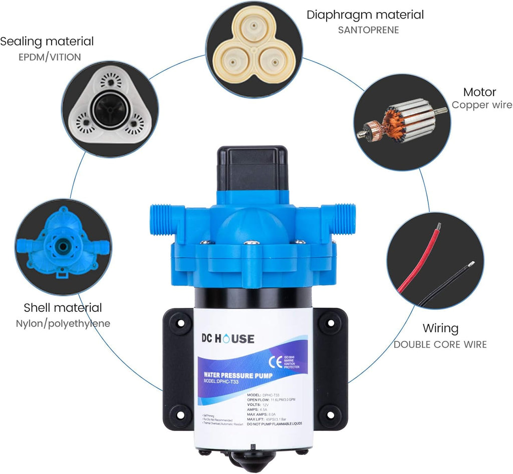 12V Self Priming Diaphragm Pump with Pressure Switch 3.0GPM 45PSI Pack of 2 A254