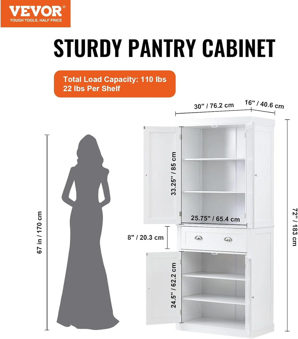 72" Pearl White Utility Cabinet with Doors Drawer and 3 Adjustable Shelves V3183